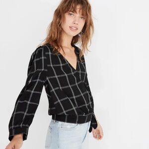 MADEWELL Wrap Top Black and White Windowpane V Neck Blouse Size Small